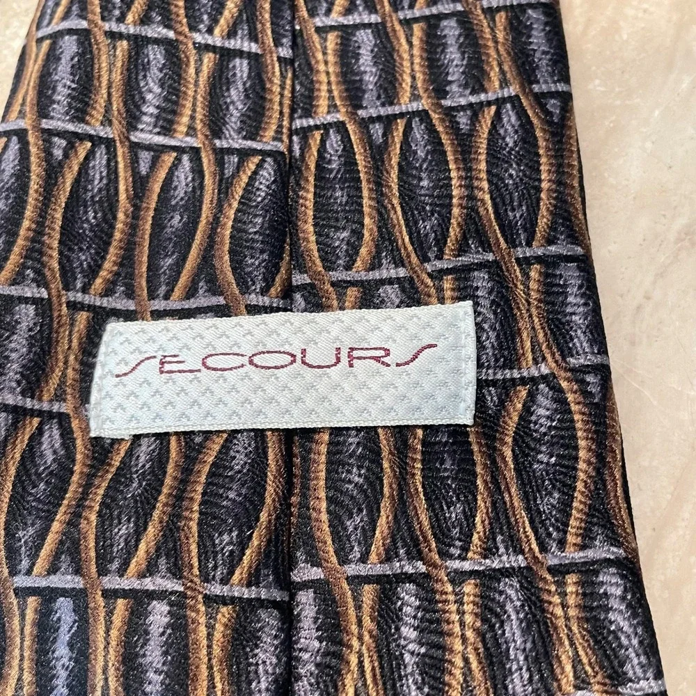Secours Tie 100%‎ Silk Brown Blue Gray Vintage 4 x 59 Geometric Classic